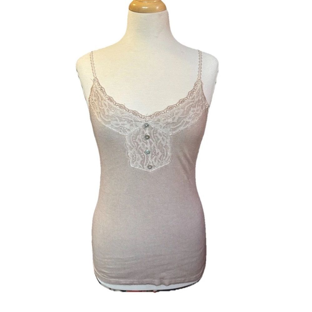 NWT POL SOPHIA LACE TRIM TANK TOP CAMI TAN BOHO HIPPIE BASIC LACE SHELL BUTTONS
